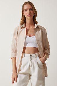 Kadın Krem Oversize Uzun Basic Gömlek DD00842 ürün fotoğrafı