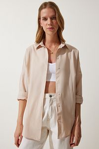 Kadın Krem Oversize Uzun Basic Gömlek DD00842 ürün fotoğrafı