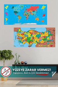Renkli Dünya Ve Türkiye Haritası - Yapışkansız Tutunan, Yeri Değiştirilebilir, Statik Akıllı Kağıt ürün fotoğrafı