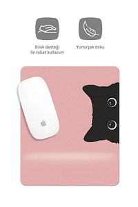 Pembe Kedi Çizimli Bilek Destekli Dikdörtgen Mouse Pad Mouse Altlığı. ürün fotoğrafı