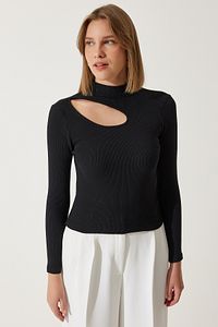 Kadın Siyah Cut Out Detaylı Fitilli Örme Bluz GT00065 ürün fotoğrafı