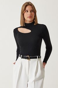 Kadın Siyah Cut Out Detaylı Fitilli Örme Bluz GT00065 ürün fotoğrafı