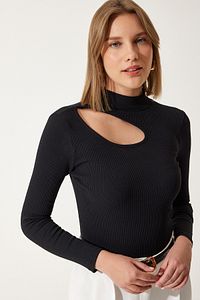 Kadın Siyah Cut Out Detaylı Fitilli Örme Bluz GT00065 ürün fotoğrafı