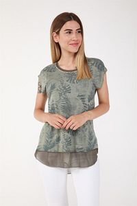 Büyük Beden Rahat Yaprak Desen Etek Ucu Şifon Yağ Yıkama Tshirt-yeşil ürün fotoğrafı