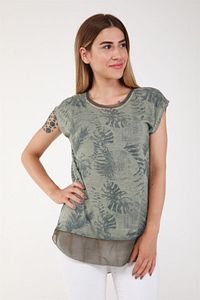 Büyük Beden Rahat Yaprak Desen Etek Ucu Şifon Yağ Yıkama Tshirt-yeşil ürün fotoğrafı