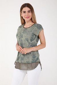 Büyük Beden Rahat Yaprak Desen Etek Ucu Şifon Yağ Yıkama Tshirt-yeşil ürün fotoğrafı