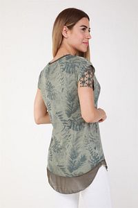 Büyük Beden Rahat Yaprak Desen Etek Ucu Şifon Yağ Yıkama Tshirt-yeşil ürün fotoğrafı