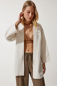 Kadın Krem Salaş Keten Viskon Kimono BH00388 ürün fotoğrafı