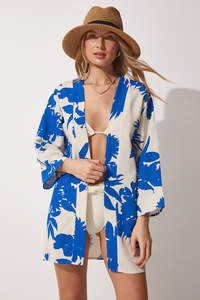 Kadın Bej Mavi Desenli Keten Viskon Kimono BH00381 ürün fotoğrafı
