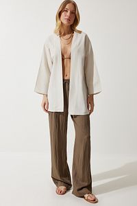 Kadın Krem Salaş Keten Viskon Kimono BH00388 ürün fotoğrafı