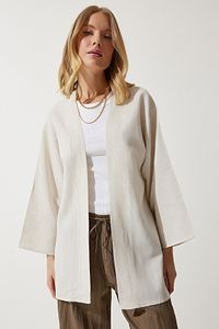 Kadın Krem Salaş Keten Viskon Kimono BH00388 ürün fotoğrafı