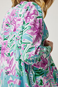 Kadın Çağla Yeşili Pembe Desenli Viskon Kimono EN00615 ürün fotoğrafı