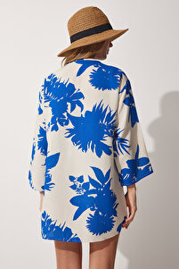 Kadın Bej Mavi Desenli Keten Viskon Kimono BH00381 ürün fotoğrafı