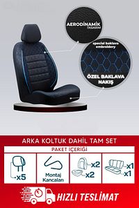 Dacia Dokker Uyumlu Universal Gof Oto Koltuk Kılıfı Siyah-mavi Dikişli Tam Set ürün fotoğrafı