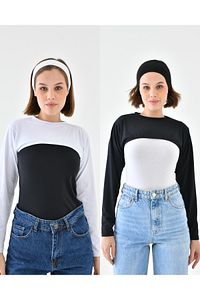 4’lü Set Bandanalı Siyah Beyaz Sıfır Yaka Uzun Kol Boyunluklu Kolluk | Crop Bluz Bolero Şık Tasarım ürün fotoğrafı