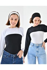 4’lü Set Bandanalı Siyah Beyaz Sıfır Yaka Uzun Kol Boyunluklu Kolluk | Crop Bluz Bolero Şık Tasarım ürün fotoğrafı