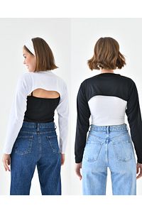 4’lü Set Bandanalı Siyah Beyaz Sıfır Yaka Uzun Kol Boyunluklu Kolluk | Crop Bluz Bolero Şık Tasarım ürün fotoğrafı