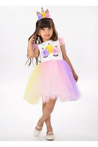 Unicorn Taçlı Rengarenk Kız Çocuk Parti Elbisesi ürün fotoğrafı