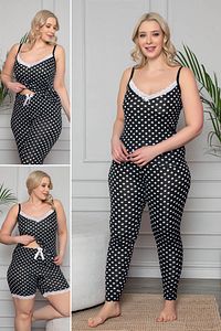 Büyük Beden Puantiye Desenli Dantel Detaylı Şortlu Ve Taytlı Pijama Takımı 3'lü Set 80014 ürün fotoğrafı