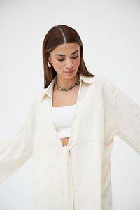 Taş Renk Flam Keten Kimono Gömlek ürün fotoğrafı