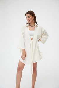 Taş Renk Flam Keten Kimono Gömlek ürün fotoğrafı