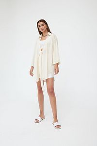 Taş Renk Flam Keten Kimono Gömlek ürün fotoğrafı