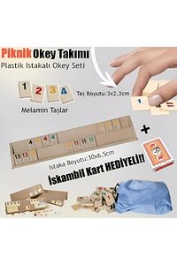 Piknik Okey Plastik Okey Takımı Iskambil Kart Hediyeli 4x Istakalı Melamin Taşlı Aile Oyun Seti ürün fotoğrafı