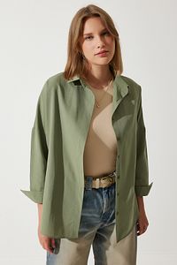Kadın Haki Oversize Uzun Basic Gömlek DD00842 ürün fotoğrafı