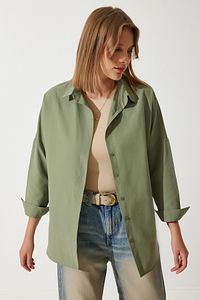Kadın Haki Oversize Uzun Basic Gömlek DD00842 ürün fotoğrafı