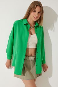 Kadın Koyu Yeşil Oversize Uzun Basic Gömlek  DD00842 ürün fotoğrafı