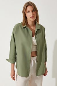 Kadın Haki Oversize Uzun Basic Gömlek DD00842 ürün fotoğrafı