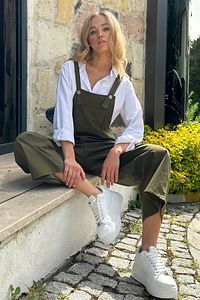 Kadın Haki Önü Cepli Askılı Gabardin Bahçıvan Tulum ALC-X12186 ürün fotoğrafı