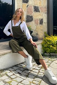 Kadın Haki Önü Cepli Askılı Gabardin Bahçıvan Tulum ALC-X12186 ürün fotoğrafı
