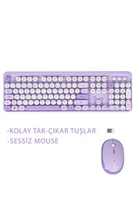 Renkli Tuşlu Kablosuz Mor Q Türkçe Klavye+Mouse Seti Uyumlu ürün fotoğrafı
