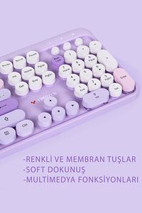 Renkli Tuşlu Kablosuz Mor Q Türkçe Klavye+Mouse Seti Uyumlu ürün fotoğrafı
