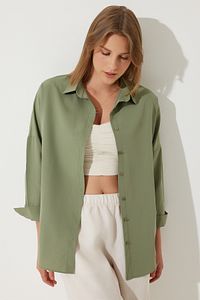 Kadın Haki Oversize Uzun Basic Gömlek DD00842 ürün fotoğrafı