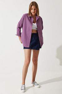 Kadın Koyu Lila Oversize Uzun Basic Gömlek DD00842 ürün fotoğrafı