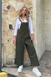 Kadın Haki Önü Cepli Askılı Gabardin Bahçıvan Tulum ALC-X12186 ürün fotoğrafı