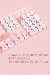 Renkli Tuşlu Kablosuz Pembe Q Türkçe Klavye+Mouse Seti ürün fotoğrafı