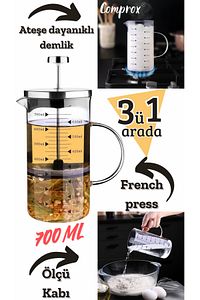 Cambu 700ml 3 Ü 1 Arada (ATEŞE DAYANIKLI) French Press Demlik, Ölçü Kabı ürün fotoğrafı
