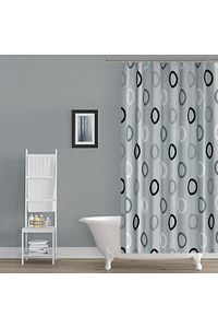Polyester Kumaş Geometrik Desen Gri Banyo Perdesi Yerli Üretim Duş Perdesi Plastik C-halka Hediye ürün fotoğrafı