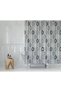 Polyester Kumaş Geometrik Desen Gri Banyo Perdesi Yerli Üretim Duş Perdesi Plastik C-halka Hediye ürün fotoğrafı