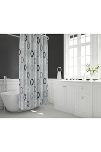 Polyester Kumaş Geometrik Desen Gri Banyo Perdesi Yerli Üretim Duş Perdesi Plastik C-halka Hediye ürün fotoğrafı
