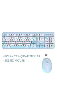 Renkli Tuşlu Kablosuz Mavi Q Türkçe Klavye Mouse Seti ürün fotoğrafı