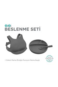 3'lü Beslenme Seti (Tabak-önlük-kaşık) - Gri ürün fotoğrafı