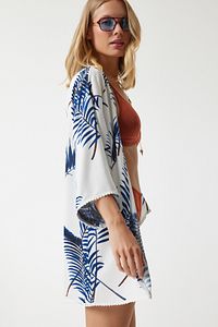 Kadın Mavi Desenli Güpür Detaylı Viskon Kimono ZV00142 ürün fotoğrafı