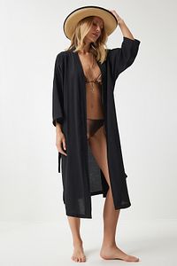 Kadın Siyah Kuşaklı Krinkıl Kimono DD00958 ürün fotoğrafı