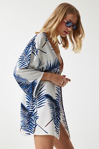 Kadın Mavi Desenli Güpür Detaylı Viskon Kimono ZV00142 ürün fotoğrafı