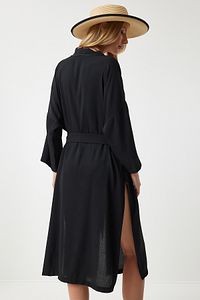 Kadın Siyah Kuşaklı Krinkıl Kimono DD00958 ürün fotoğrafı