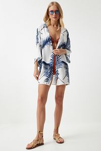 Kadın Mavi Desenli Güpür Detaylı Viskon Kimono ZV00142 ürün fotoğrafı